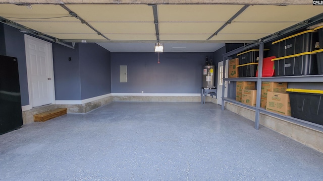 garage with a garage door opener, electric panel, and water heater