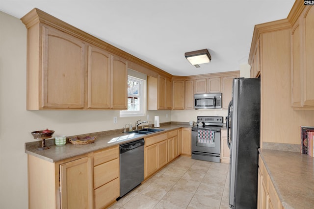 kitchen featuring sink, light tile patterned floors, stainless steel appliances, and light brown cabinets