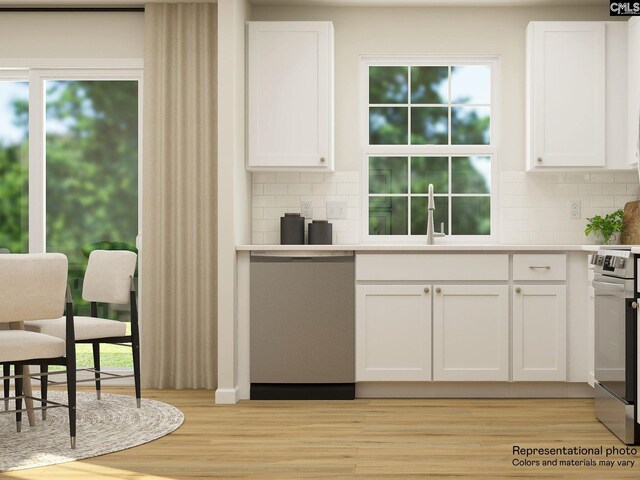 kitchen featuring tasteful backsplash, white cabinetry, a healthy amount of sunlight, and stainless steel appliances