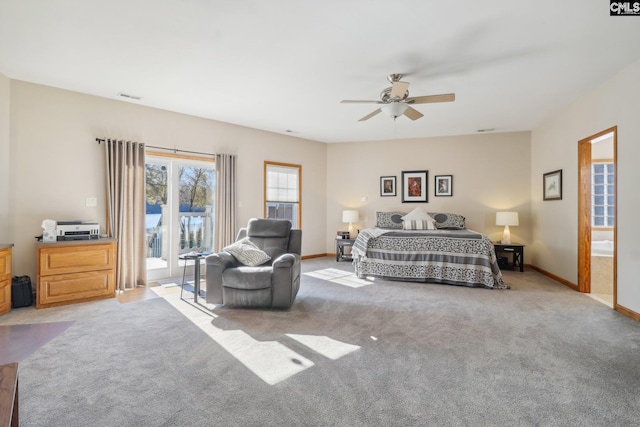 bedroom featuring ceiling fan, light carpet, and access to outside