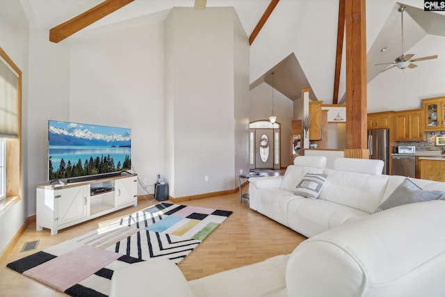 living room with ceiling fan, beamed ceiling, high vaulted ceiling, and light wood-type flooring