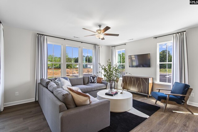 living area featuring dark wood-style floors, plenty of natural light, and baseboards