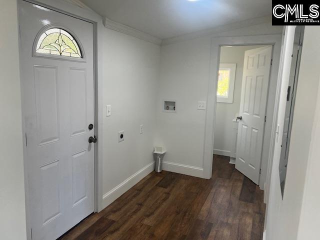 clothes washing area featuring hookup for a washing machine, electric dryer hookup, and dark wood-type flooring