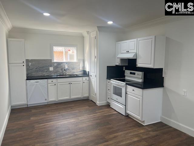 kitchen with dark hardwood / wood-style floors, white cabinetry, white appliances, and sink