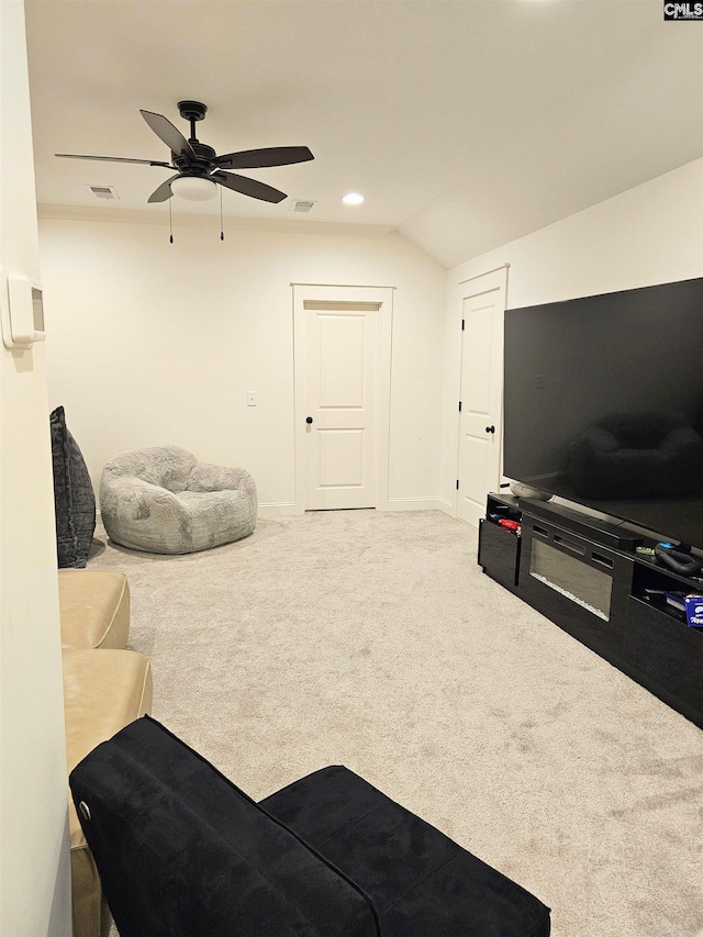 235 Clayborn Dr, Lexington, SC 29072 - carpeted living room featuring ceiling fan and vaulted ceiling