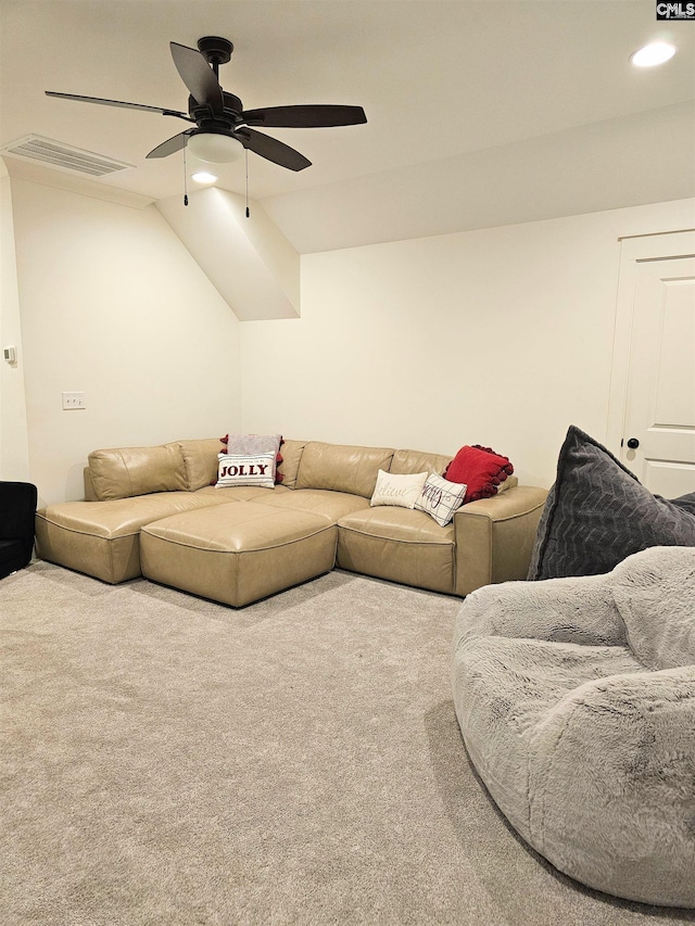 235 Clayborn Dr, Lexington, SC 29072 - carpeted living room featuring ceiling fan and vaulted ceiling