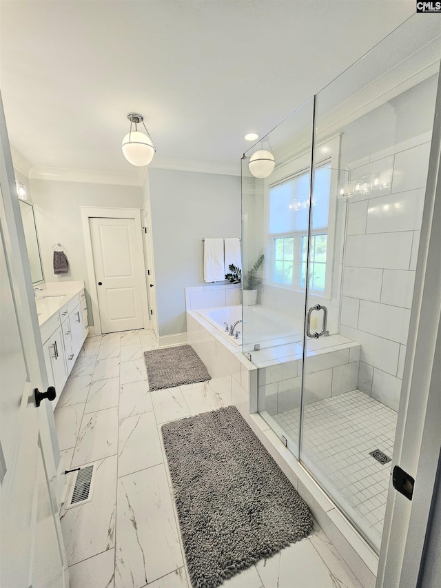 235 Clayborn Dr, Lexington, SC 29072 - bathroom featuring crown molding, vanity, and independent shower and bath