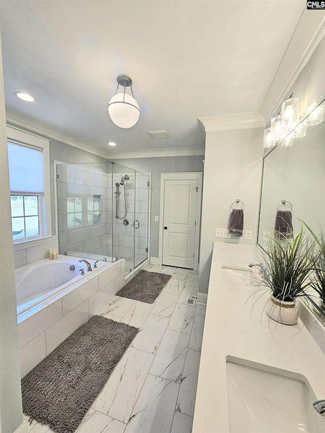 235 Clayborn Dr, Lexington, SC 29072 - bathroom featuring shower with separate bathtub, vanity, and ornamental molding