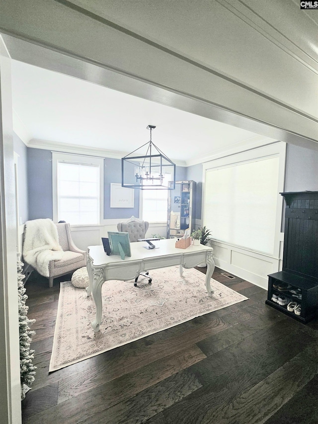 235 Clayborn Dr, Lexington, SC 29072 - living room featuring ornamental molding, dark wood-type flooring, and an inviting chandelier
