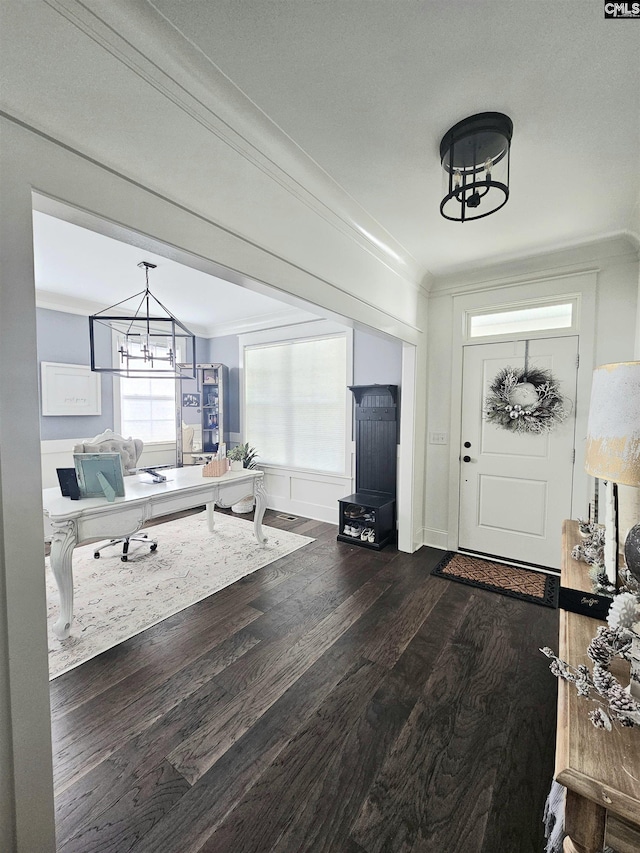 235 Clayborn Dr, Lexington, SC 29072 - entryway with ornamental molding, dark wood-type flooring, and an inviting chandelier