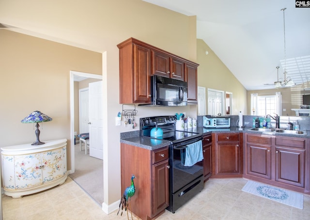 kitchen featuring high vaulted ceiling, black appliances, sink, ceiling fan, and light colored carpet