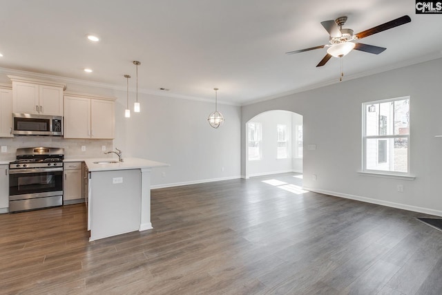 kitchen featuring arched walkways, open floor plan, a peninsula, stainless steel appliances, and light countertops