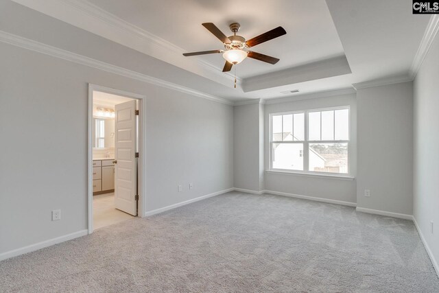 spare room featuring ceiling fan, light carpet, baseboards, a raised ceiling, and crown molding