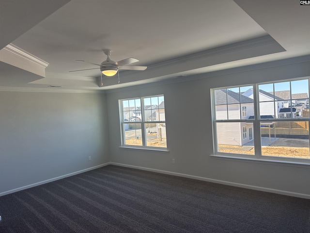 spare room featuring dark colored carpet, a raised ceiling, and a wealth of natural light