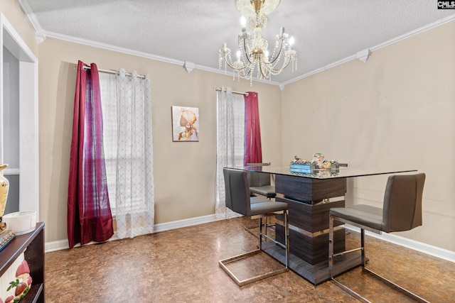 dining area with a textured ceiling, an inviting chandelier, and ornamental molding