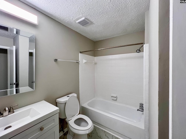 full bathroom featuring toilet, a textured ceiling, shower / tub combination, and vanity