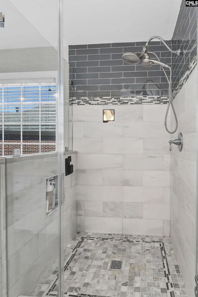 bathroom with a shower with shower door