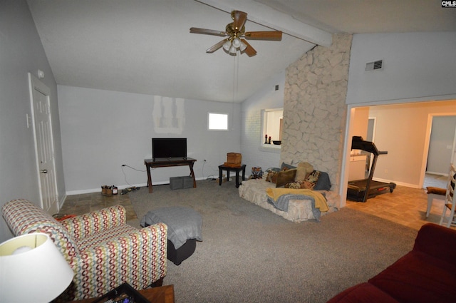 carpeted living room featuring vaulted ceiling with beams and ceiling fan