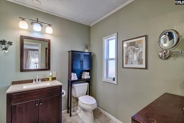 bathroom with ornamental molding, vanity, a textured ceiling, tile patterned flooring, and toilet