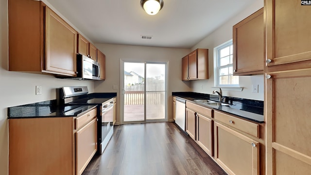 kitchen featuring stainless steel appliances, dark wood-type flooring, and sink