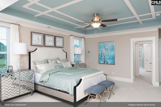 bedroom with coffered ceiling, ceiling fan, carpet floors, and multiple windows