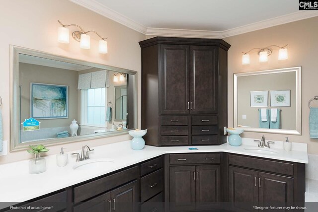 bathroom featuring vanity and ornamental molding