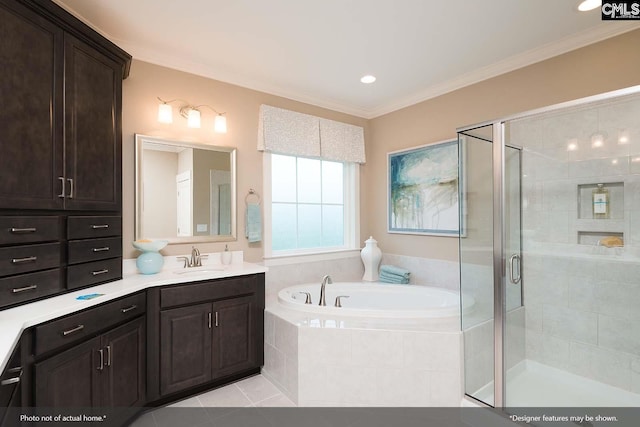 bathroom with shower with separate bathtub, vanity, tile patterned floors, and crown molding