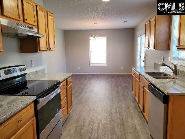 kitchen with sink, stainless steel appliances, a notable chandelier, wood-type flooring, and decorative light fixtures