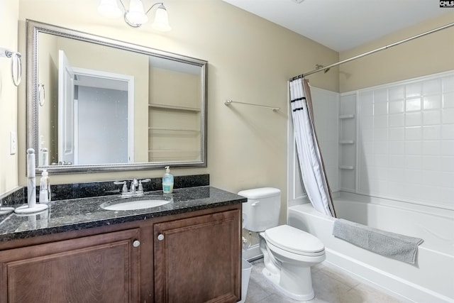 full bathroom with tile patterned floors, vanity, toilet, and shower / bathtub combination with curtain