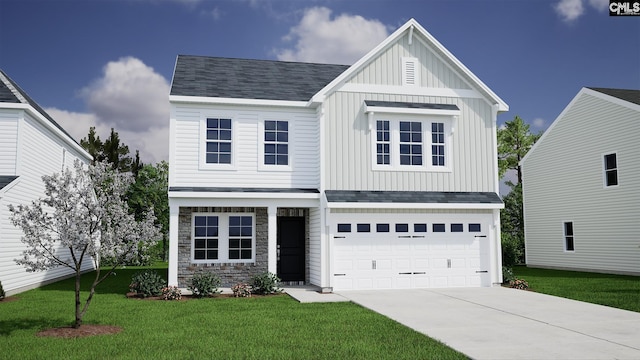 view of front of house featuring a front yard and a garage