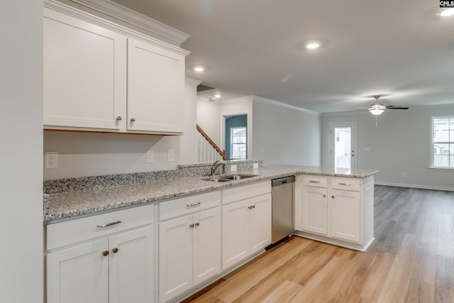 kitchen with white cabinets, sink, light hardwood / wood-style flooring, stainless steel dishwasher, and kitchen peninsula