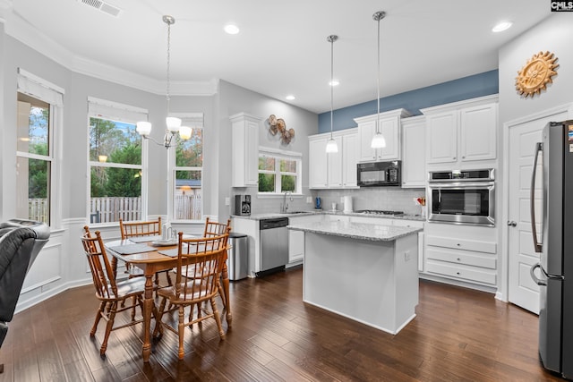 kitchen featuring pendant lighting, stainless steel appliances, a wealth of natural light, and dark wood-type flooring