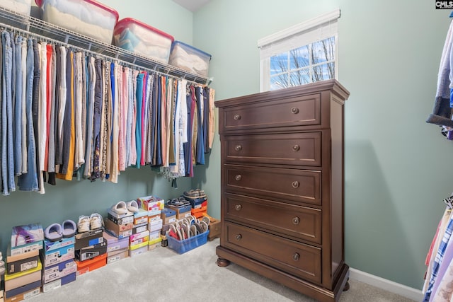 walk in closet with light colored carpet