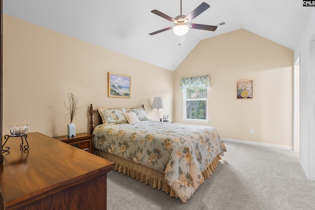 bedroom featuring ceiling fan, light carpet, and lofted ceiling