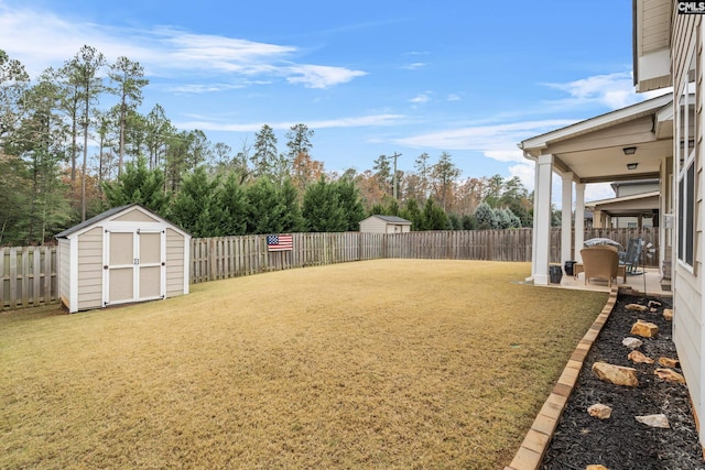 view of yard featuring a patio and a storage shed