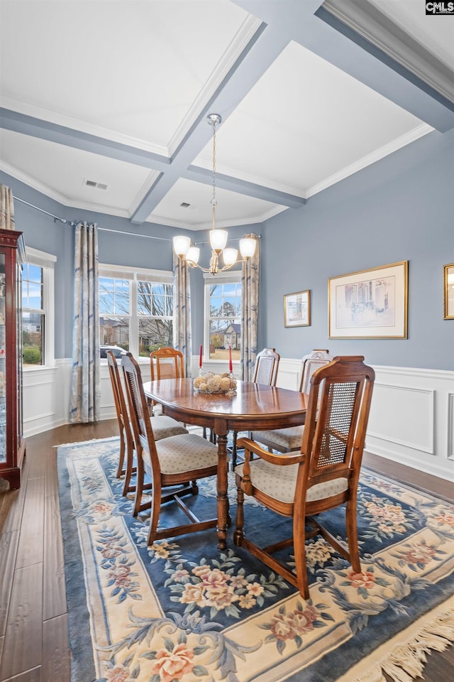 dining space featuring beam ceiling, coffered ceiling, dark hardwood / wood-style floors, crown molding, and a chandelier