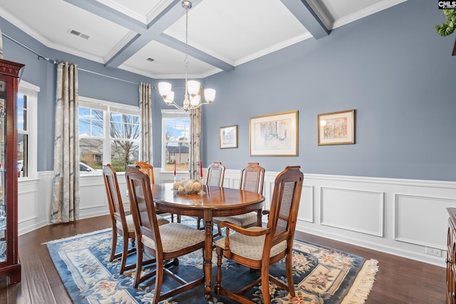 dining area featuring ornamental molding, coffered ceiling, beamed ceiling, a chandelier, and dark hardwood / wood-style floors