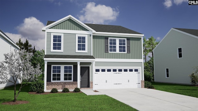 traditional home with brick siding, an attached garage, board and batten siding, a front yard, and driveway