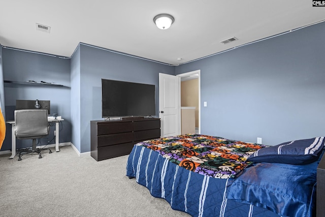 bedroom with light colored carpet