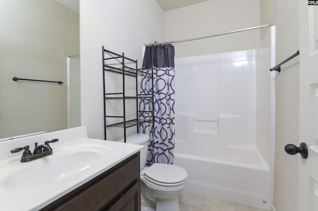 full bathroom with tile patterned flooring, vanity, toilet, and shower / bathtub combination with curtain