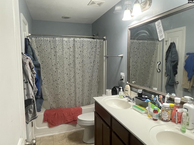 full bathroom featuring double vanity, visible vents, shower / bathtub combination with curtain, toilet, and a sink