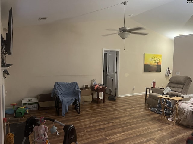 living room featuring baseboards, visible vents, ceiling fan, wood finished floors, and high vaulted ceiling