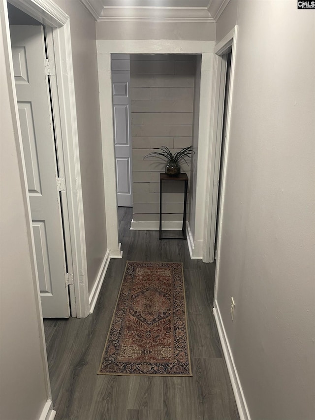 hall with crown molding and dark hardwood / wood-style flooring