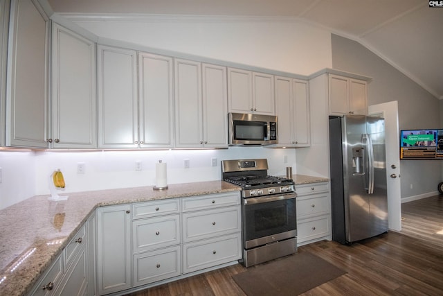 kitchen with dark hardwood / wood-style flooring, light stone countertops, stainless steel appliances, and vaulted ceiling