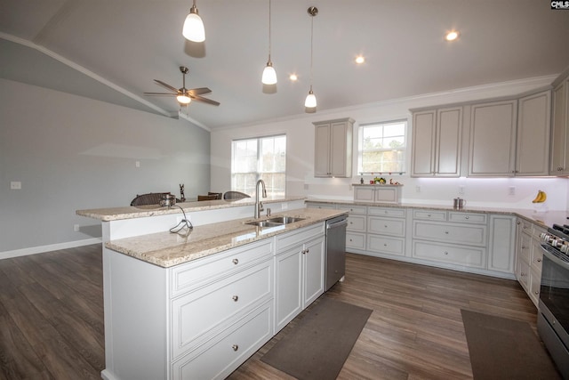 kitchen with sink, stainless steel appliances, dark hardwood / wood-style floors, an island with sink, and lofted ceiling