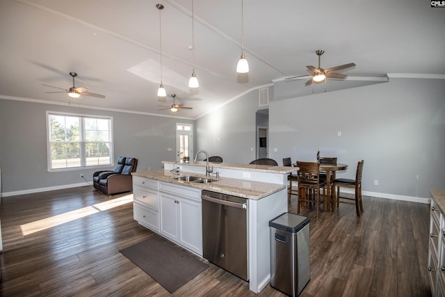 kitchen featuring sink, stainless steel dishwasher, dark hardwood / wood-style floors, decorative light fixtures, and white cabinetry