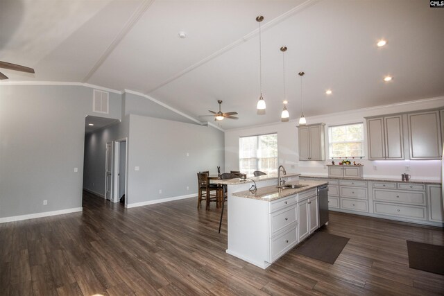 kitchen featuring a center island with sink, dark hardwood / wood-style floors, stainless steel dishwasher, and vaulted ceiling