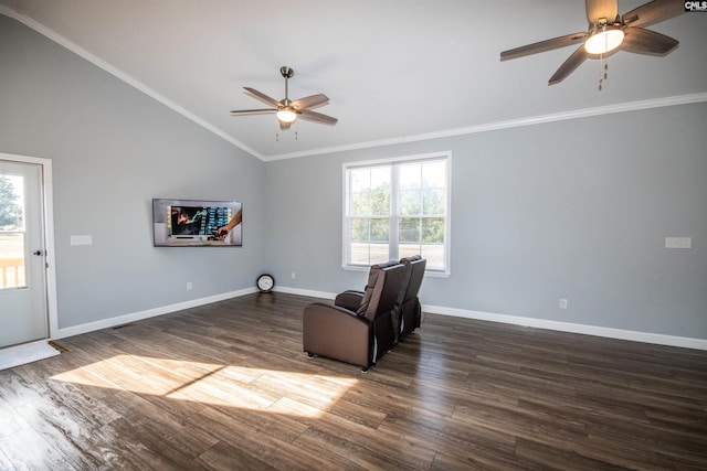 unfurnished room featuring crown molding, ceiling fan, dark wood-type flooring, and lofted ceiling