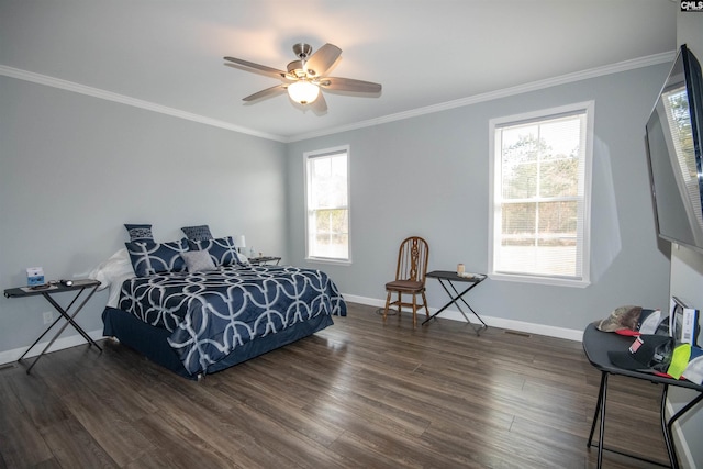 bedroom featuring ceiling fan, dark hardwood / wood-style flooring, and multiple windows