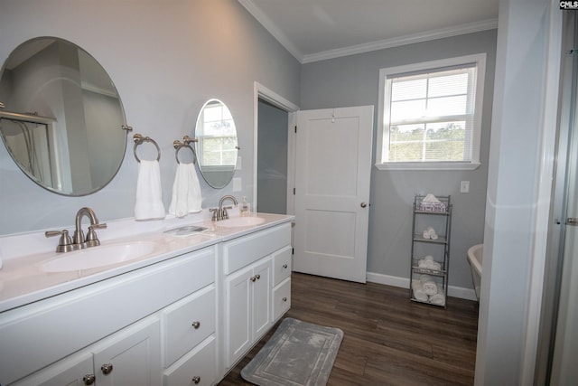 bathroom with vanity, ornamental molding, and hardwood / wood-style flooring